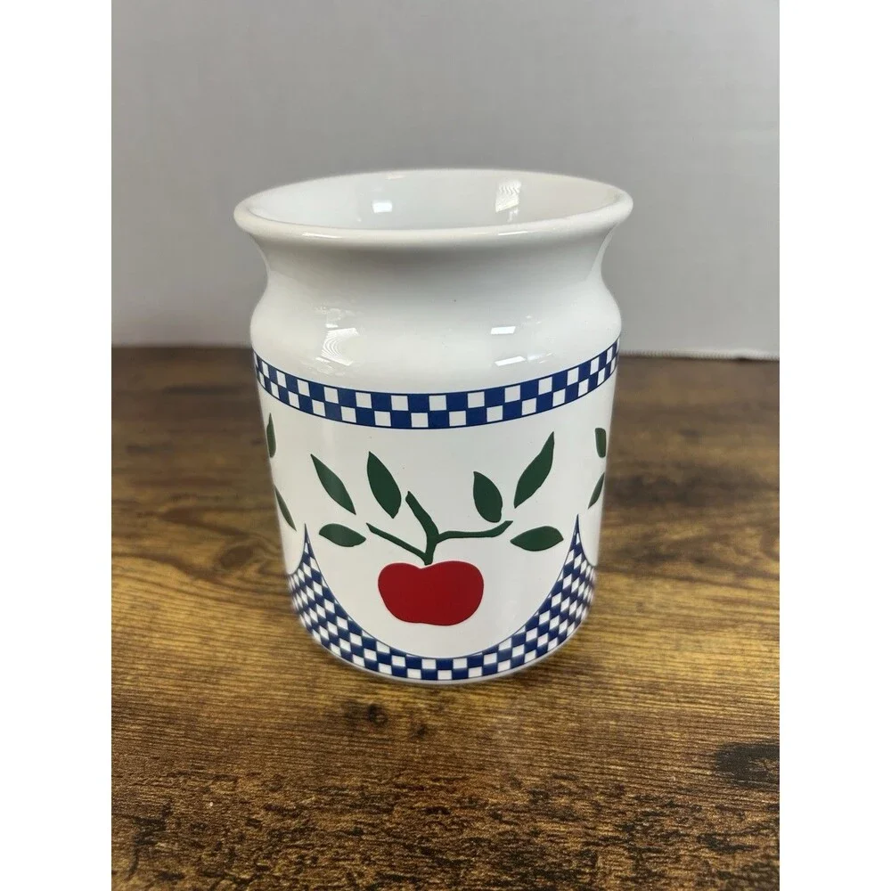 Rosenthal Netter Apple Crock Utensil Holder Portugal 1987 Blue Check Cottage Jar